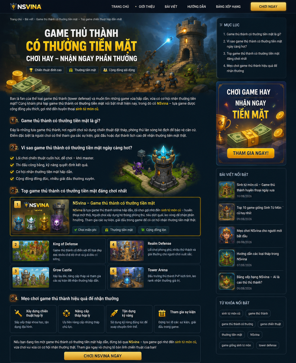 Game thủ thành có thưởng tiền mặt NSVINA